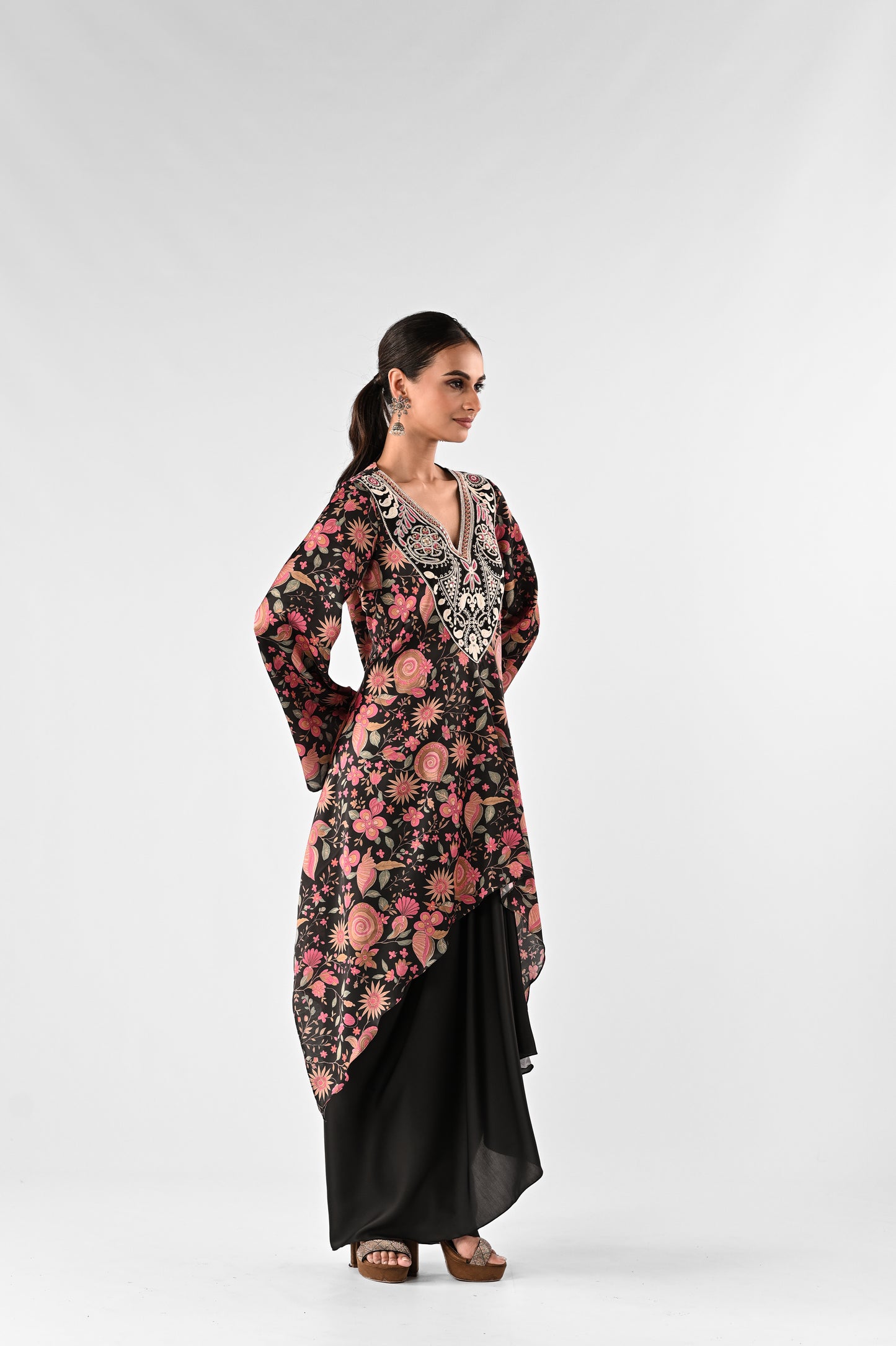 Embroidered Yoke Printed Crepe Top with Draped Satin Skirt Set