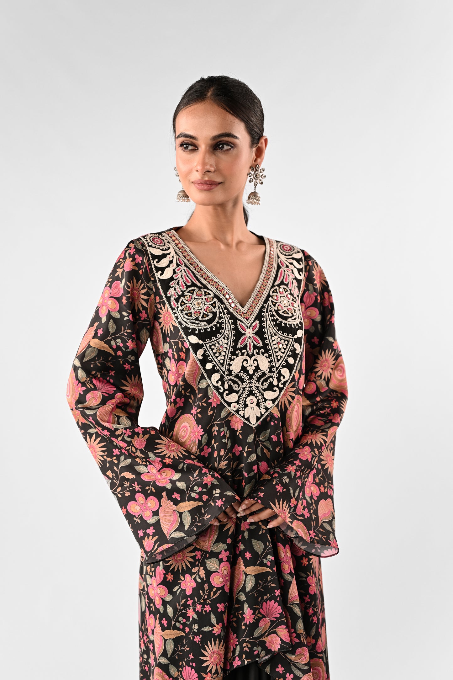 Embroidered Yoke Printed Crepe Top with Draped Satin Skirt Set
