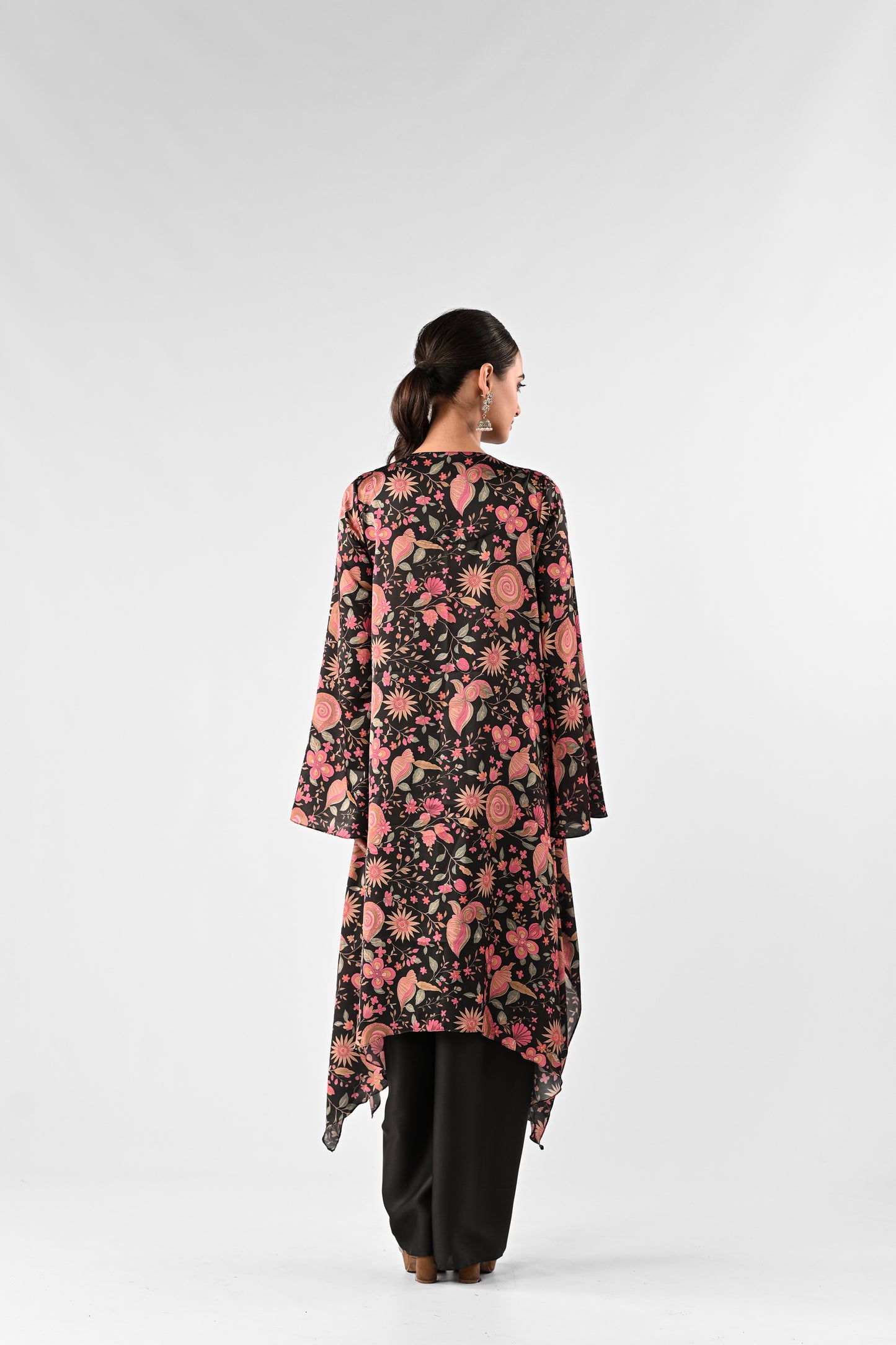 Embroidered Yoke Printed Crepe Top with Draped Satin Skirt Set